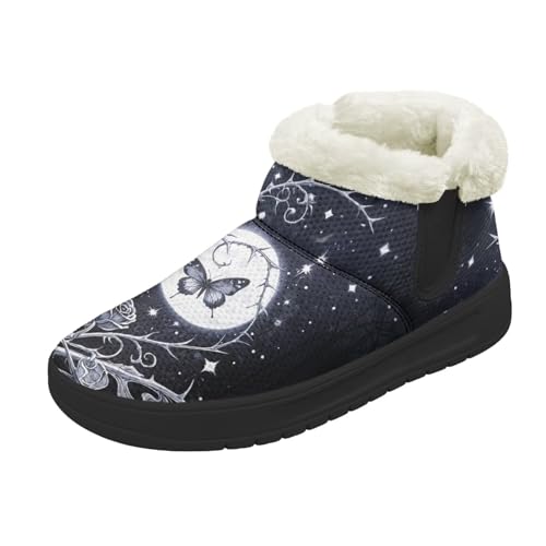 Kuiaobaty Damen Bootie Hausschuhe Memory Foam Haus Hausschuhe Halloween Gothic Schlupfschuhe Warm Gefüttert Stiefeletten, Mond, Schmetterling, Rose, 44.5 EU von Kuiaobaty