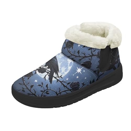 Kuiaobaty Damen Bootie Hausschuhe Memory Foam Haus Hausschuhe Halloween Gothic Schlupfschuhe Warm Gefüttert Stiefeletten, Moon Raven Rose, 38 EU von Kuiaobaty