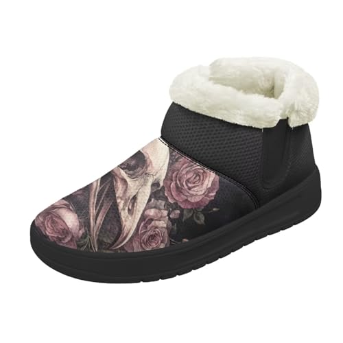 Kuiaobaty Damen Bootie Hausschuhe Memory Foam Haus Hausschuhe Halloween Gothic Schlupfschuhe Warm Gefüttert Stiefeletten, Rabenschädel Rosen, 42.5 EU von Kuiaobaty