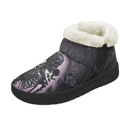 Kuiaobaty Damen Bootie Hausschuhe Memory Foam Haus Hausschuhe Halloween Gothic Schlupfschuhe Warm Gefüttert Stiefeletten, Schwarze Skelett-Rose, 39 EU von Kuiaobaty