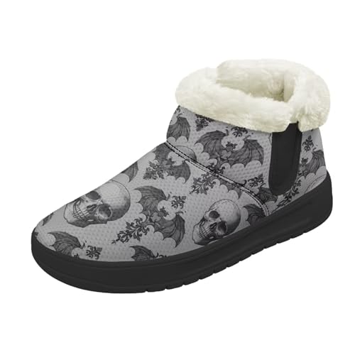 Kuiaobaty Damen Bootie Hausschuhe Memory Foam Haus Hausschuhe Halloween Gothic Schlupfschuhe Warm Gefüttert Stiefeletten, Skull Bat Grey, 41.5 EU von Kuiaobaty