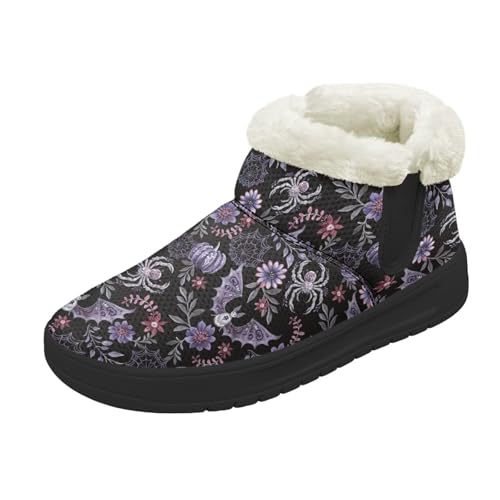 Kuiaobaty Damen Bootie Hausschuhe Memory Foam Haus Hausschuhe Halloween Gothic Schlupfschuhe Warm Gefüttert Stiefeletten, Spinne Fledermaus Floral, 39 EU von Kuiaobaty