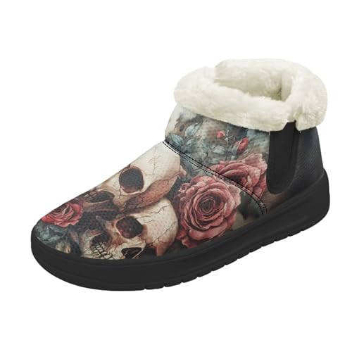 Kuiaobaty Damen Bootie Hausschuhe Memory Foam Haus Hausschuhe Halloween Gothic Schlupfschuhe Warm Gefüttert Stiefeletten, Totenköpfe Rose Schmetterling, 42 EU von Kuiaobaty