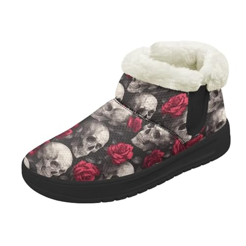 Kuiaobaty Damen Bootie Hausschuhe Memory Foam Haus Hausschuhe Halloween Gothic Schlupfschuhe Warm Gefüttert Stiefeletten, Totenkopf rote Rosen, 42 EU von Kuiaobaty