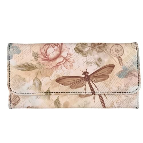 Kuiaobaty Damen Clutch-Geldbörse mit Reißverschluss, Diebstahlschutz, Spritzer, Kunst, PU-Leder, lang, mit Münzfach, Vintage Libelle Floral, Casual von Kuiaobaty