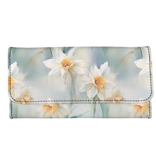 Kuiaobaty Damen Clutch-Geldbörse mit Reißverschluss, Diebstahlschutz, Spritzer, Kunst, PU-Leder, lang, mit Münzfach, Weiße Narzisse, Casual von Kuiaobaty