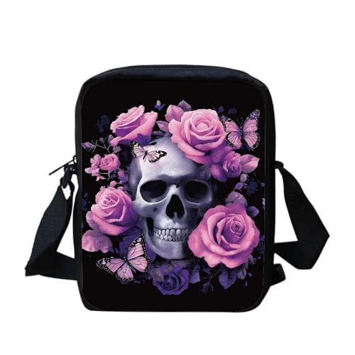 Kuiaobaty Damen Crossbody Messenger Bag - Kleine Umhängetasche für Teenager oder Mädchen, Totenkopf Pink Rose von Kuiaobaty