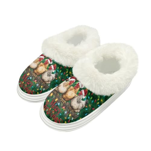 Kuiaobaty Damen Flauschige Scuff Slipper Memory Foam Cartoon Panda Katze Hausschuhe für Zuhause Indoor/Outdoor Sohle Xmas Geschenke, Bauernhof-Weihnachts-Huhn, 42/42.5 EU von Kuiaobaty