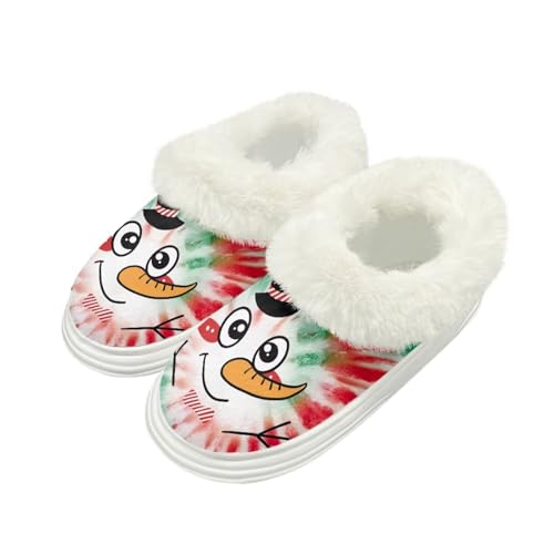 Kuiaobaty Damen Flauschige Scuff Slipper Memory Foam Cartoon Panda Katze Hausschuhe für Zuhause Indoor/Outdoor Sohle Xmas Geschenke, Schneemann-Batikfärbung, 38/39 EU von Kuiaobaty