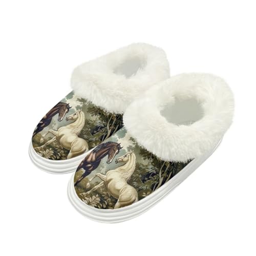 Kuiaobaty Damen Flauschige Scuff Slipper Memory Foam Cartoon Panda Katze Hausschuhe für Zuhause Indoor/Outdoor Sohle Xmas Geschenke, Waldpferd, 42/42.5 EU von Kuiaobaty
