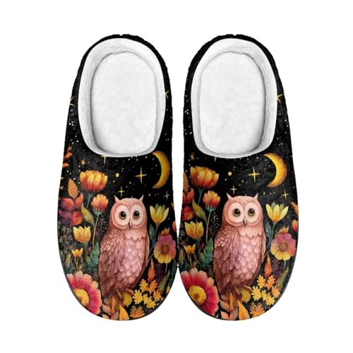 Kuiaobaty Damen Gemütliche Memory Foam Hausschuhe Mond Sterne Scuff Hausschuhe Damen Winter Haus Schuhe Indoor/Outdoor Sohle, Eule, Blume, Mond, 45/45.5 EU von Kuiaobaty
