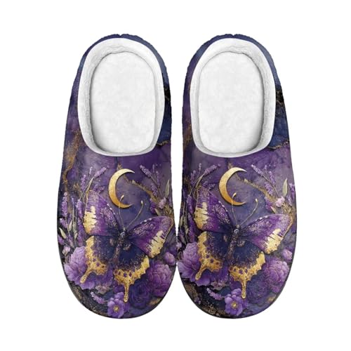 Kuiaobaty Damen Gemütliche Memory Foam Hausschuhe Mond Sterne Scuff Hausschuhe Damen Winter Haus Schuhe Indoor/Outdoor Sohle, Violette Schmetterlingsblume, 39.5/40 EU von Kuiaobaty