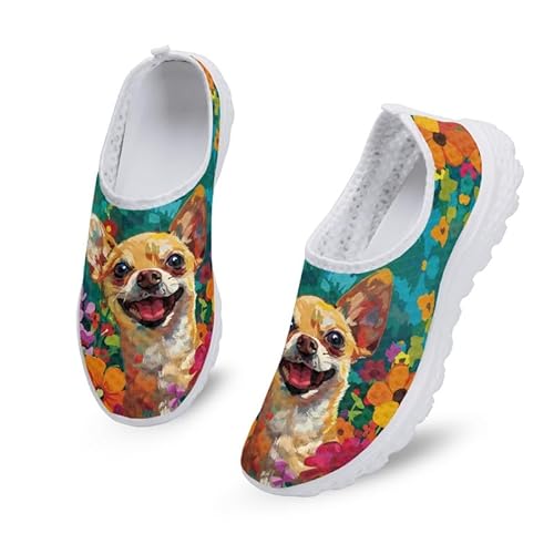 Kuiaobaty Damen Herren Slip-On-Sneaker mit Tierdruck, leicht, Damen-Totenköpfe, modische Sneaker, Fraktal-Kunst-Laufschuhe, Chihuahua Hund Blumen, 39 EU von Kuiaobaty