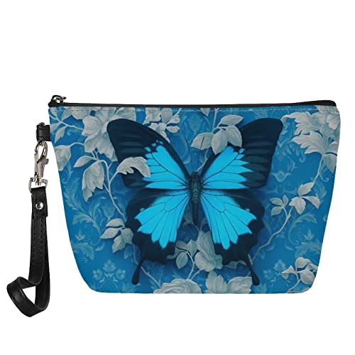 Kuiaobaty Damen Leder Kosmetiktasche Tasche Mädchen Make-up Tasche Reise Tragbare Kulturtasche Kulturbeutel Casual Beauty Bag, Blue Mountain Schwalbenschwanz-Schmetterling, Taschen-Organizer von Kuiaobaty