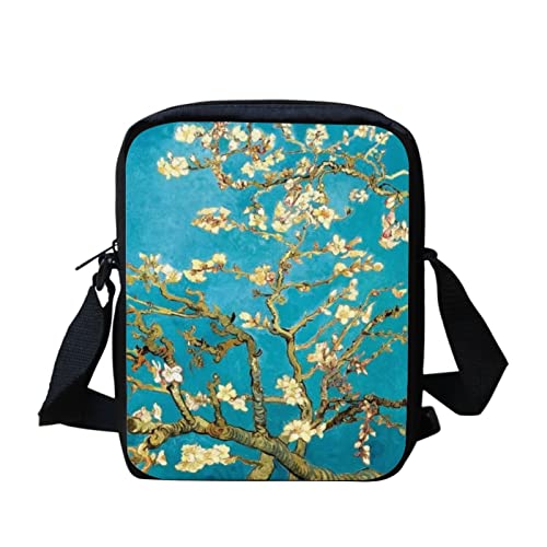 Kuiaobaty Damen Messenger Organizer Arbeitstasche mit Blumenmalerei, Van Gogh Art Crossbody Tasche zum Tragen von Handy-Umhängetasche, Mandelblüte, türkis von Kuiaobaty