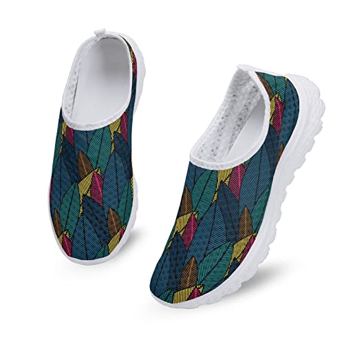 Kuiaobaty Damen Slip on Mesh Flache Turnschuhe Krankenschwester Blume Schwein Schädel Boho Streifen Bär Atmungsaktiv Walking Sport Sneakers Leichte Freizeitschuhe, Blattmuster, 41.5 EU von Kuiaobaty