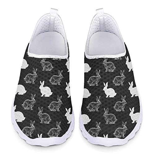 Kuiaobaty Damen Slip on Mesh Flache Turnschuhe Krankenschwester Blume Schwein Schädel Boho Streifen Bär Atmungsaktiv Walking Sport Sneakers Leichte Freizeitschuhe, Hasen-Silhouette, 40.5 EU von Kuiaobaty