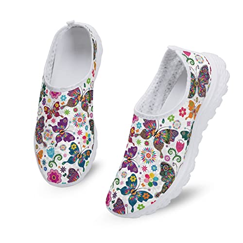 Kuiaobaty Damen Slip on Mesh Flat Turnschuhe Krankenschwester Blume Schwein Totenkopf Boho Streifen Bär Atmungsaktiv Walking Sport Sneakers Leichte Freizeitschuhe, Bunte Schmetterlinge Blumen, 36 EU von Kuiaobaty