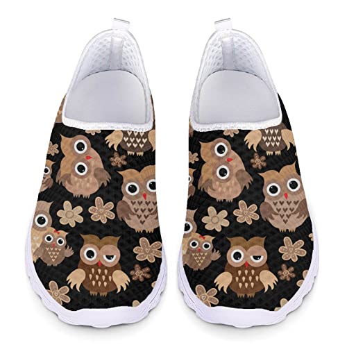 Kuiaobaty Damen Slip on Mesh Flache Turnschuhe Krankenschwester Blume Schwein Schädel Boho Streifen Bär Atmungsaktiv Walking Sport Sneakers Leichte Freizeitschuhe, Eule Vögel Blumen, 39 EU von Kuiaobaty