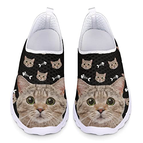 Kuiaobaty Damen Slip on Mesh Flat Turnschuhe Krankenschwester Blume Schwein Totenkopf Boho Streifen Bär Atmungsaktiv Walking Sport Sneakers Leichte Freizeitschuhe, Lustige Katzen schwarz, 40.5 EU von Kuiaobaty