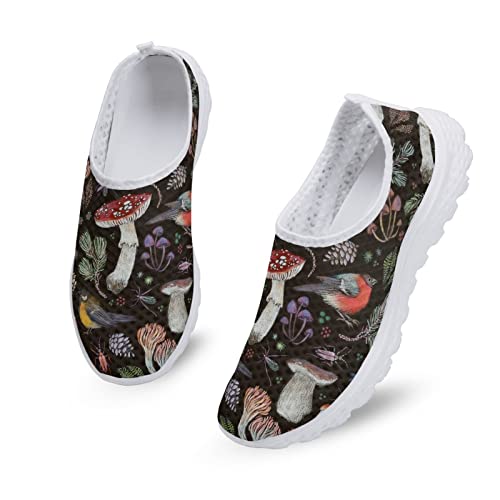 Kuiaobaty Damen Slip on Mesh Flat Turnschuhe Krankenschwester Blume Schwein Totenkopf Boho Streifen Bär Atmungsaktiv Walking Sport Sneakers Leichte Freizeitschuhe, Pilzvögel mit Blumenmuster, 39.5 EU von Kuiaobaty