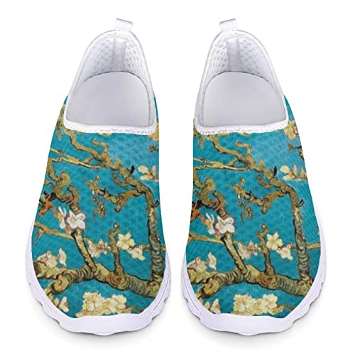 Kuiaobaty Damen Slip on Mesh Flat Turnschuhe Krankenschwester Blume Schwein Totenkopf Boho Streifen Bär Atmungsaktiv Walking Sport Sneakers Leichte Freizeitschuhe, Van Gogh Art Mandelblüte, 40.5 EU von Kuiaobaty