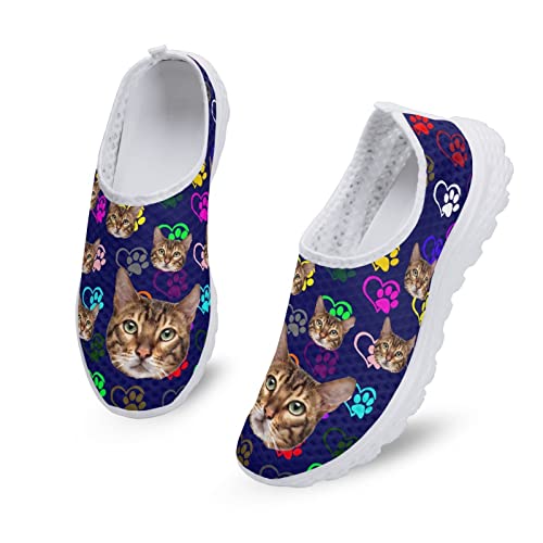 Kuiaobaty Damen-Sneaker zum Reinschlüpfen, Netzstoff, flache Schuhe, Boho-Streifen, Cartoon, Katze, Wolf, Blume, Wanderschuhe, leichte Freizeitschuhe, Lustige Katzen, Marineblau, 38 EU von Kuiaobaty