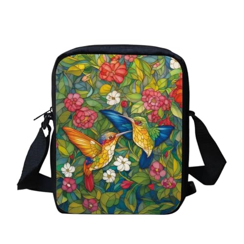 Kuiaobaty Damen-Umhängetasche, Handytasche mit verstellbarem Riemen, kleine Kuriertasche, Mädchen, lässiger Sling Satchel, Buntglas-Kolibri-Blumenmuster von Kuiaobaty