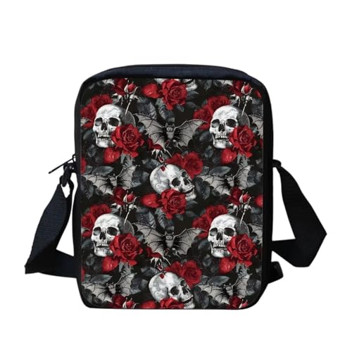 Kuiaobaty Damen-Umhängetasche, Handytasche mit verstellbarem Riemen, kleine Kuriertasche, Mädchen, lässiger Sling Satchel, Totenkopf Rose Fledermaus von Kuiaobaty