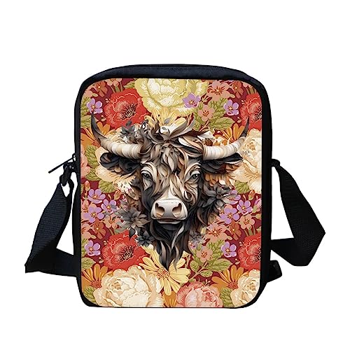 Kuiaobaty Damen-Umhängetasche, Kamera-Handy-Tasche mit verstellbarem, breitem Riemen, ethnisch, Hunde, Kaninchen-Druck, Schultertasche mit doppelter Schicht, Kuh Kopf Blumen von Kuiaobaty