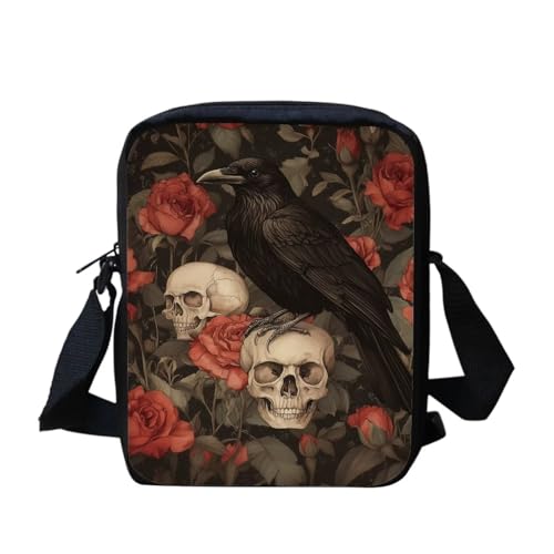 Kuiaobaty Damen-Umhängetasche, Kameratasche, Handy-Tasche mit verstellbarem breitem Riemen, ethnisch, Hunde, Kaninchen-Druck, Schultertasche mit Doppelschicht, Raven Rose Skull von Kuiaobaty