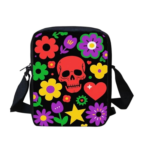 Kuiaobaty Damen-Umhängetasche, Kameratasche, Handy-Tasche mit verstellbarem breitem Riemen, ethnisch, Hunde, Kaninchen-Druck, Schultertasche mit Doppelschicht, Roter Totenkopf-Blumenmuster von Kuiaobaty
