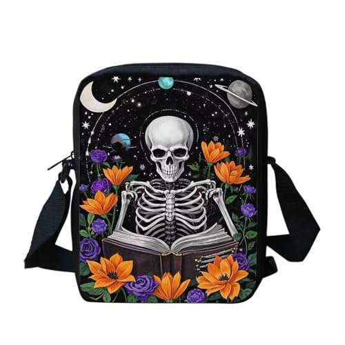 Kuiaobaty Damen-Umhängetasche, Kameratasche, Handy-Tasche mit verstellbarem breitem Riemen, ethnisch, Hunde, Kaninchen-Druck, Schultertasche mit Doppelschicht, Skelett Leseblumen von Kuiaobaty