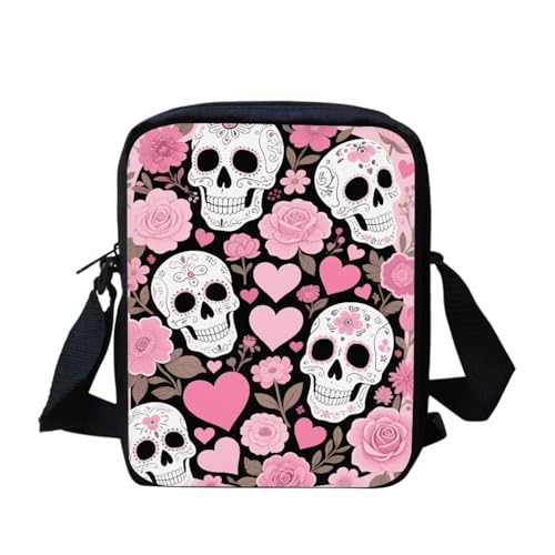 Kuiaobaty Damen-Umhängetasche, Kameratasche, Handy-Tasche mit verstellbarem breitem Riemen, ethnisch, Hunde, Kaninchen-Druck, Schultertasche mit Doppelschicht, Totenkopf rosa Herzen von Kuiaobaty