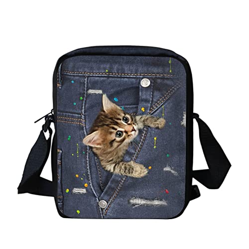 Kuiaobaty Damen-Umhängetasche, kleine Messenger-Tasche für Schulmädchen mit verstellbarem Riemen, kleine Umhängetasche, Funny Jeans Katze blau von Kuiaobaty