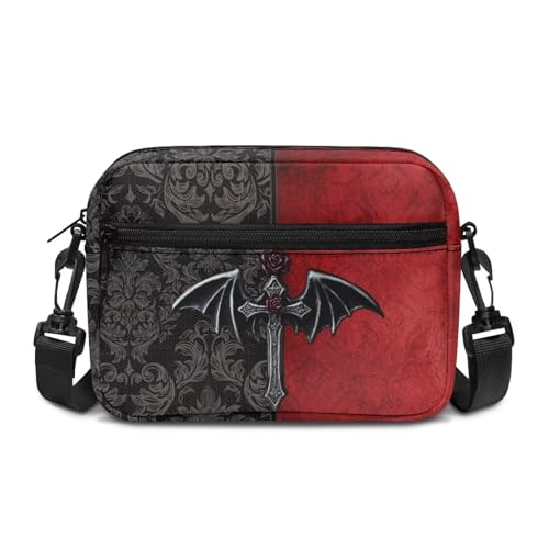 Kuiaobaty Damen-Umhängetasche, mehrere Taschen, Gothic-Rabenschädel, Crossbody-Tasche, Handy-Geldbörse, Anti-Diebstahl, Fledermaus-Kreuz-Damast, One Size von Kuiaobaty