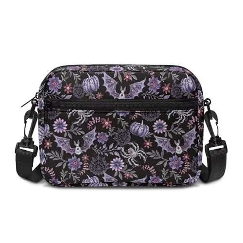 Kuiaobaty Damen-Umhängetasche, mehrere Taschen, Gothic-Rabenschädel, Crossbody-Tasche, Handy-Geldbörse, Anti-Diebstahl, Violette Fledermausspinne mit Blumenmuster, One Size von Kuiaobaty