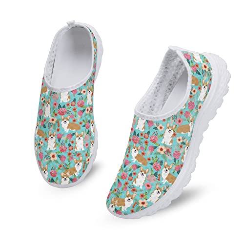 Kuiaobaty Damen Wanderschuhe, Schwein Welpe Floral Slip on Leichter Sneaker für Arbeit Freizeitschuhe Atmungsaktiv Mesh Flach Trainer, Corgi Dog, 38 EU von Kuiaobaty