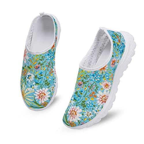 Kuiaobaty Damen-Wanderschuhe, zum Hineinschlüpfen, Schmetterling, Hund, Blumenmuster, Regenbogen, leicht, Sneaker, Freizeit-Arbeitsschuhe, Netzstoff, flach, Turnschuhe, Aquarell Blumen Blau, 39.5 EU von Kuiaobaty