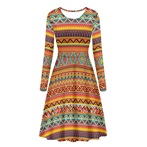 Kuiaobaty Damen Winterkleider Chemie Muster Langarm Arbeitskleid, Tulpen Blumen Party Abendessen Kleider Knielang A Linie Kleid, Ethnische Streifen, X-Large von Kuiaobaty
