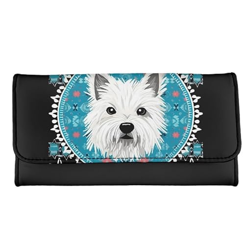 Kuiaobaty Ditsy Floral Lange Ledergeldbörse für Frauen, Neuheit Hunde Print Tri-gefaltete PU Leder Slim Clutch Bag Münzbörse, Paint Dog White Westie, Casual von Kuiaobaty