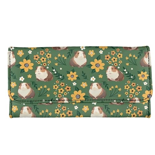 Kuiaobaty Dreifach gefaltete lange Geldbörse für Damen, Katzen, Hunde, Panda, Meerschweinchen-Druck, Reißverschluss, Münzfach, stilvolle Party-Griff, Clutch-Over, Meerschweinchen Blumen, Casual von Kuiaobaty