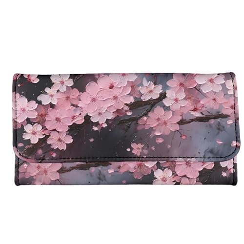 Kuiaobaty Dreifach gefaltete lange Geldbörse für Damen, Katzen, Hunde, Panda, Meerschweinchen-Druck, Reißverschluss, Münzfach, stilvolle Party-Griff, Clutch-Over, Rosa Kirschblüte, Casual von Kuiaobaty