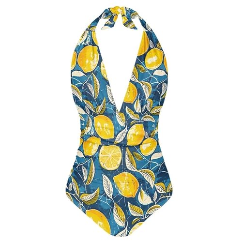 Kuiaobaty Einteiliger Damen-Badeanzug, Bauchkontrolle, Farbblumen, Retro, Neckholder, V-Ausschnitt, gepolsterte Bademode, Übergröße, Gelbe Zitrone., 50 von Kuiaobaty