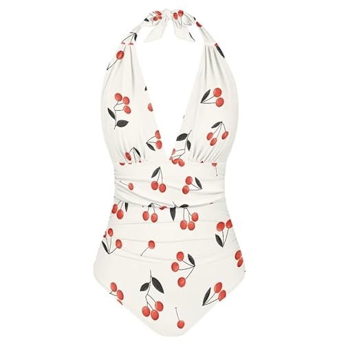 Kuiaobaty Einteiliger Damen-Badeanzug, Bauchkontrolle, Farbblumen, Retro, Neckholder, V-Ausschnitt, gepolsterte Bademode, Übergröße, Kleine rote Kirsche, M von Kuiaobaty