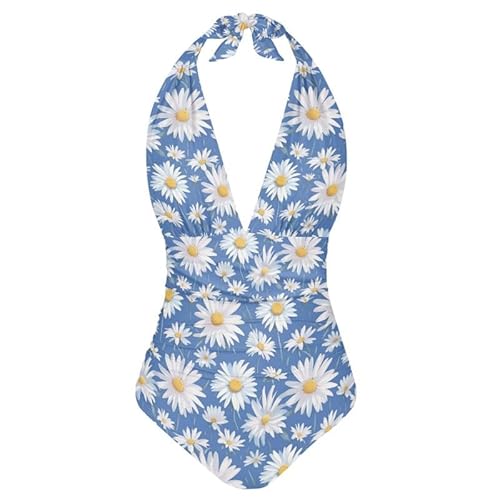 Kuiaobaty Einteiliger Damen-Badeanzug, Bauchkontrolle, Farbblumen, Retro, Neckholder, V-Ausschnitt, gepolsterte Bademode, Übergröße, Weißer Gänseblümchen, S von Kuiaobaty