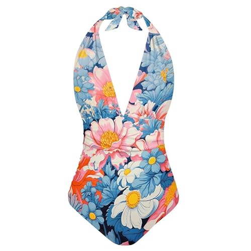 Kuiaobaty Einteiliger Damen-Badeanzug, Neckholder, V-Ausschnitt, Batikfärbung, einfarbig, rückenfrei, Leuchtende Blütenblumen, L Kuiaobaty Einteiliger Damen-Badeanzug, Neckholder, V-Ausschnitt, Batikfärbung, einfarbig, rückenfrei, Leuchtende Blütenblumen, L von Kuiaobaty