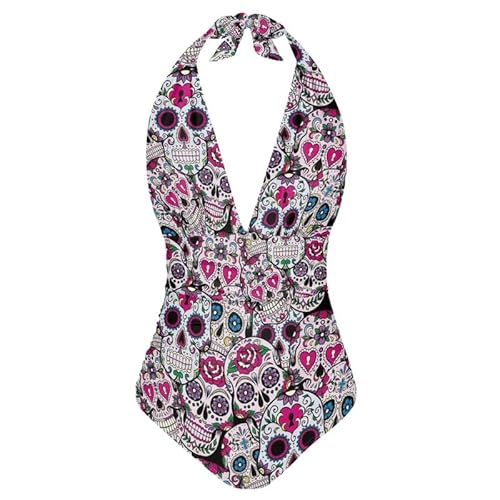 Kuiaobaty Einteiliger Damen-Badeanzug, Neckholder, V-Ausschnitt, Batikfärbung, einfarbig, rückenfrei, Mexikanische Sugar Skulls, M Kuiaobaty Einteiliger Damen-Badeanzug, Neckholder, V-Ausschnitt, Batikfärbung, einfarbig, rückenfrei, Mexikanische Sugar Skulls, M von Kuiaobaty