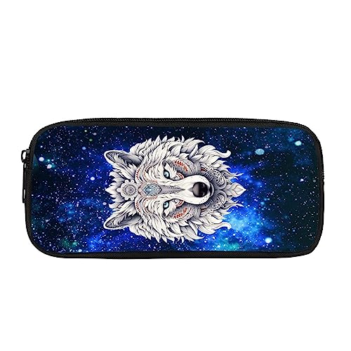 Kuiaobaty Federmäppchen für Jungen und Mädchen, mit weißem Wolf-Druck, blaue Galaxie, Sternen-Motiv, Bleistift-Tasche, Grundschule, Schüler, langlebige Schreibwarentasche von Kuiaobaty