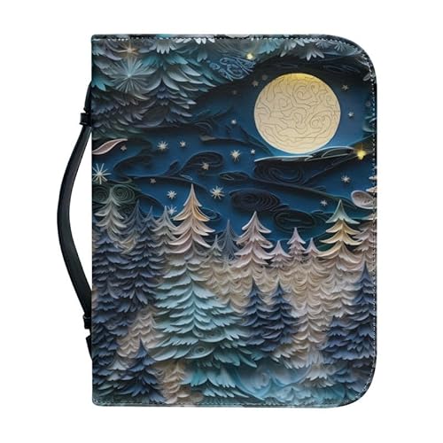 Kuiaobaty Forest Nigh Moon Buchhülle mit Griff Reißverschluss Bibeltragetasche Papier Schneiden Bäume Sterne PU Leder Buchhülle für Roman von Kuiaobaty